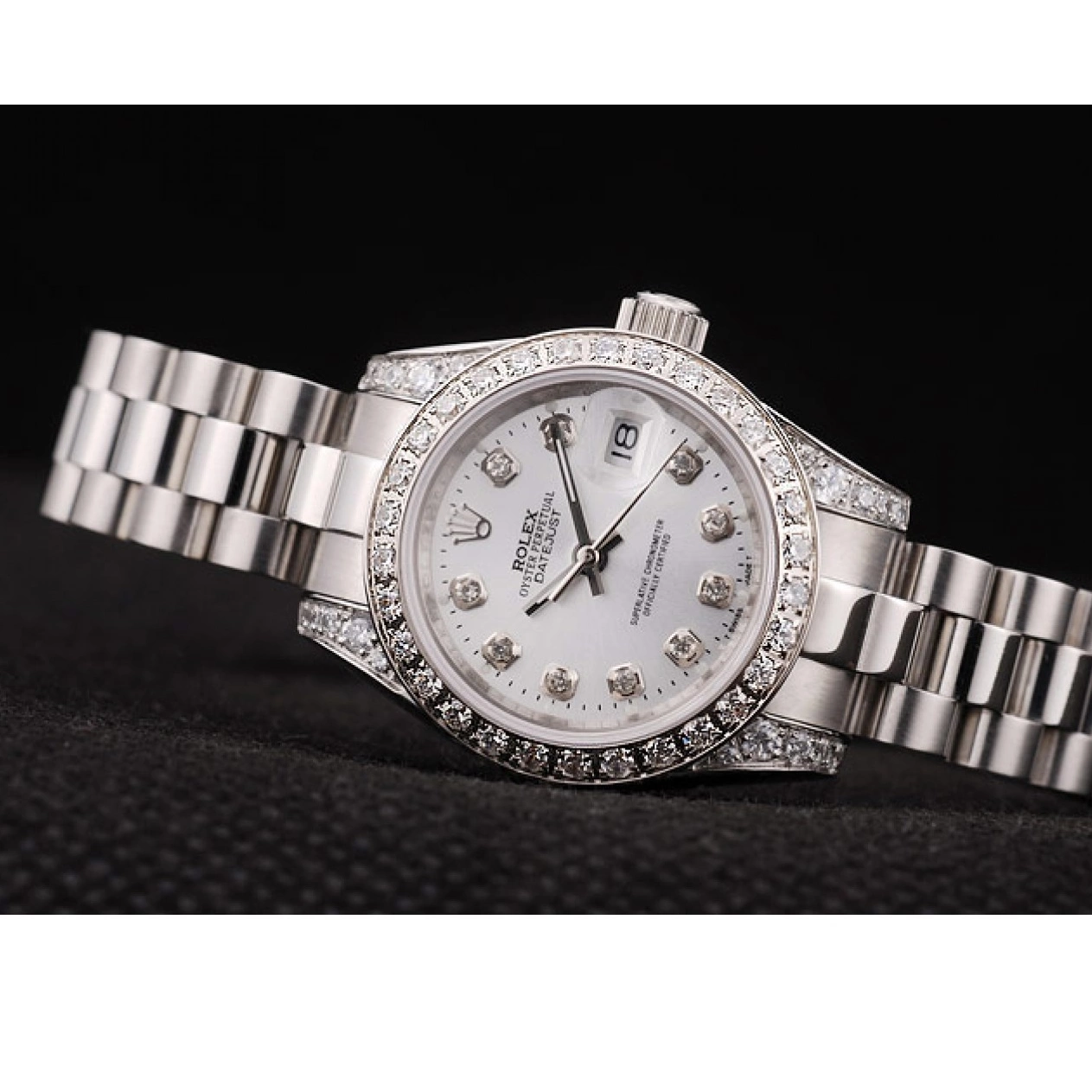 Aaa replica Brushed White DateJust Rolex Diamond Plated Dial Steel Case Diamond Stainless Bezel Plated 0816
